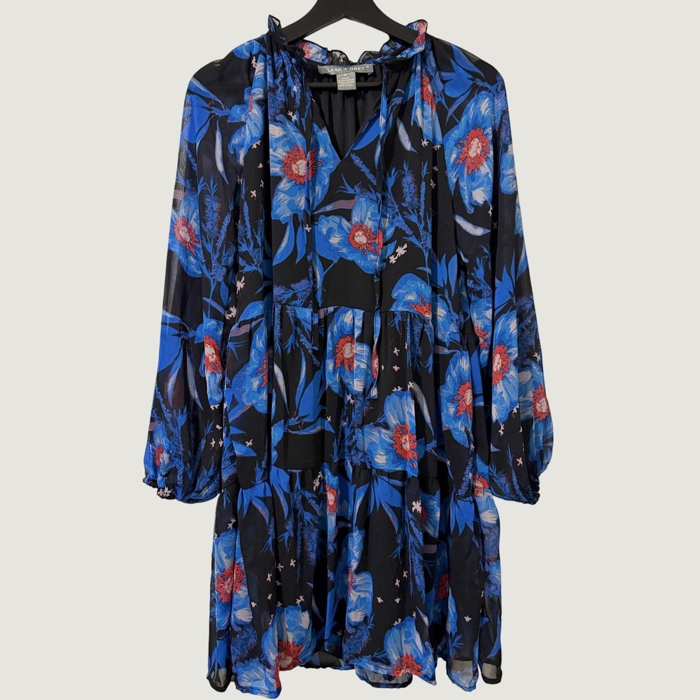 Lark‎ + Grey Blue Floral Tiered Babydoll Mini Dress Long Balloon Sleeve Size M